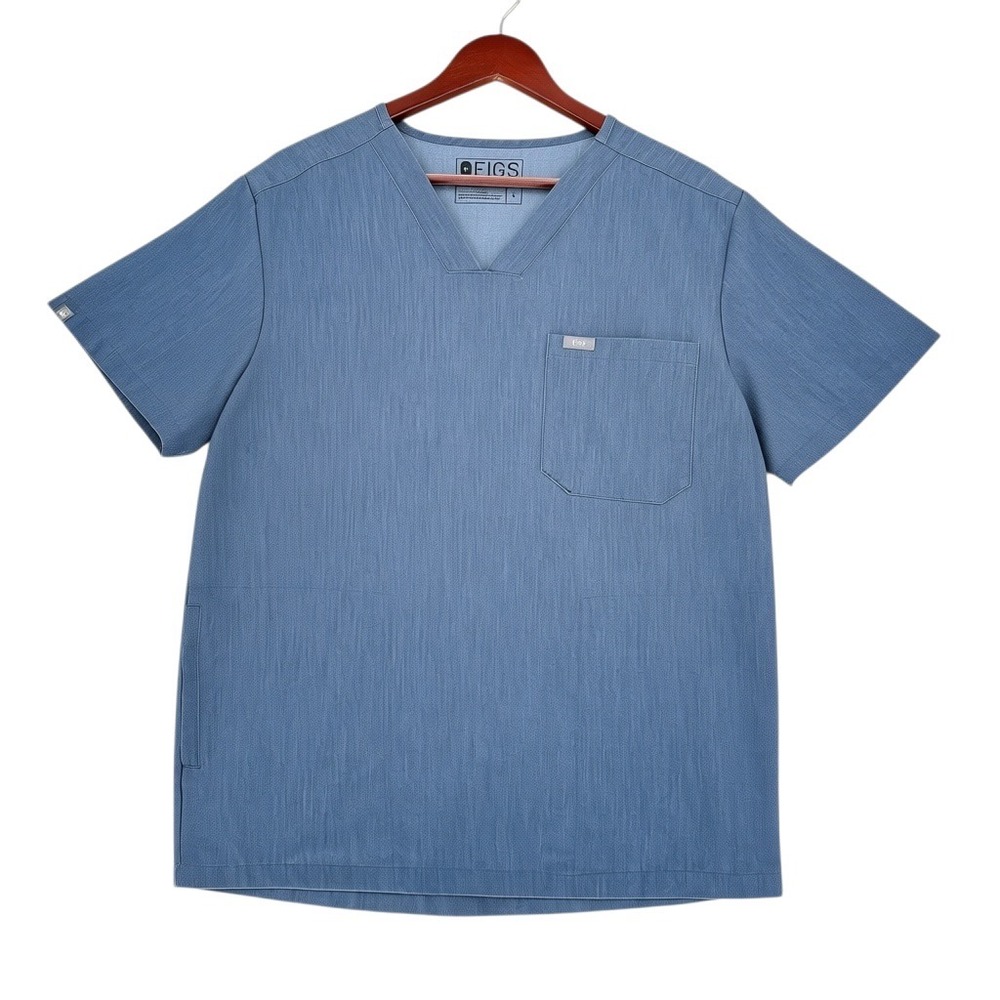 FIGS Mens Technical Collection Scrub Top L Blue Heathered V-Neck Medical